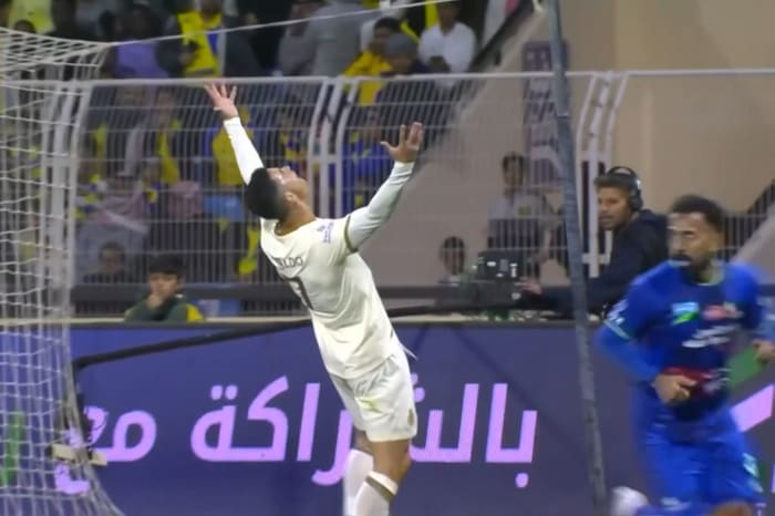 Cristiano Ronaldo pictured looking frustrated after missing a chance to score for Al Nassr against Al Fateh in February 2023